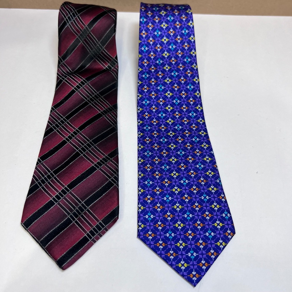 BUNDLE Mens Handmade 100% Silk Tie Lot Burgundy Plaid & Geometric Floral 2pc